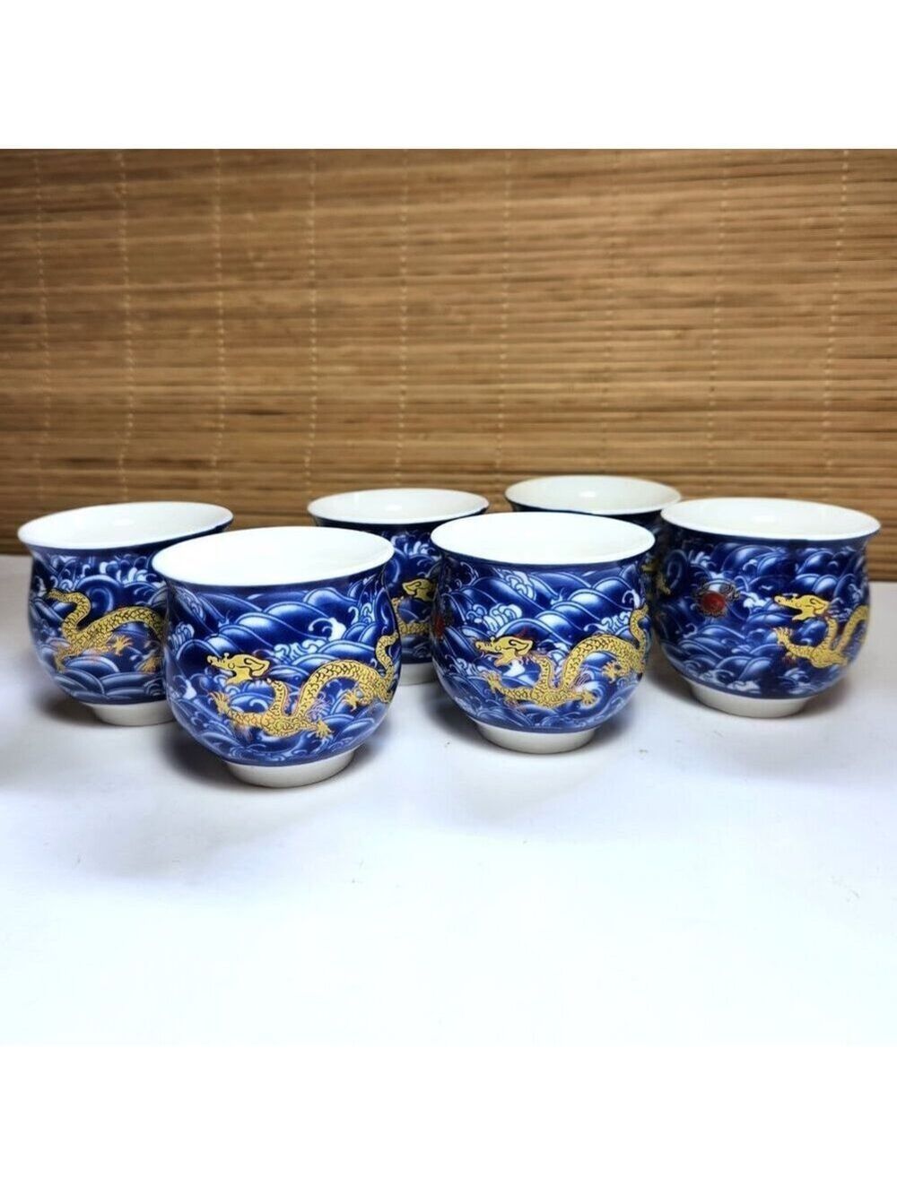 Chinese Dragon Porcelain Teacups Set of 6 Blue White Double Wall Design